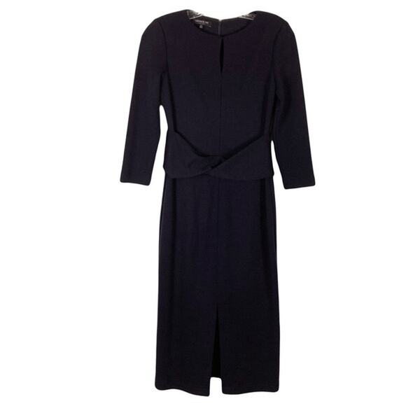 NWOT LAFAYETTE 148 Dress XS Navy-Blue Virgin-Wool Midi Long-Sleeve Lined Ruch